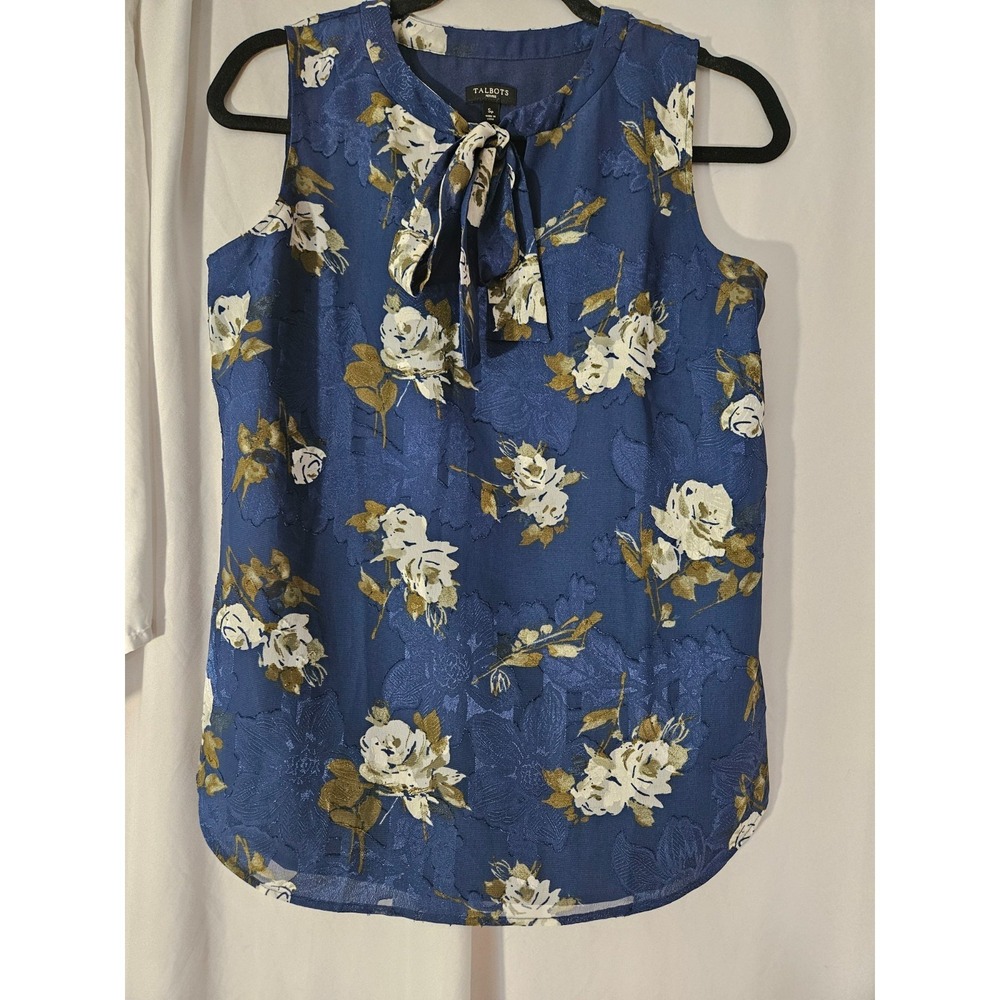 Talbots Navy Floral Sleeveless Tie Neck Blouse Size PS Green Cream Lined Office